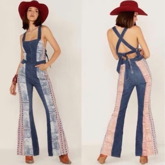 We The Free Pants - Free People Wash Patchwork Dallas Flare Denim Jumpsuit